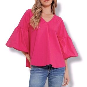 Boho Balloon Sleeve Baby Doll V-neck Bright Pink Shimmer Top Polyester